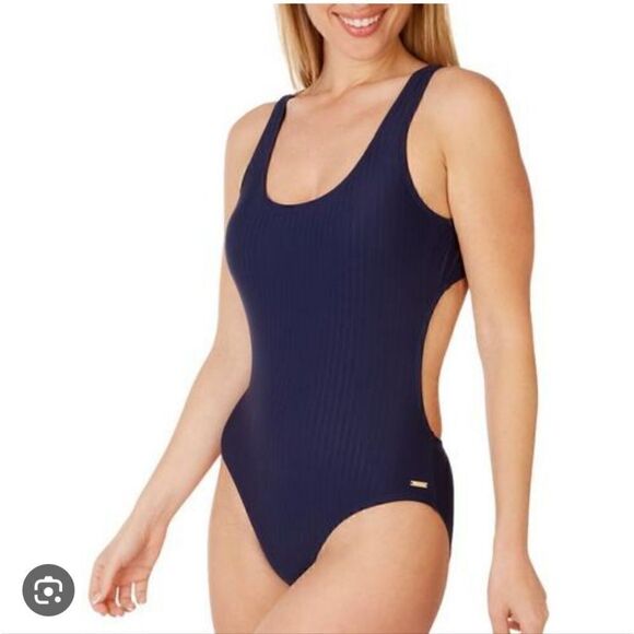 Nine West Solid Navy Blue Ribbed Tie Back One Piece Swimsuit- Size Medium - Picture 1 of 15